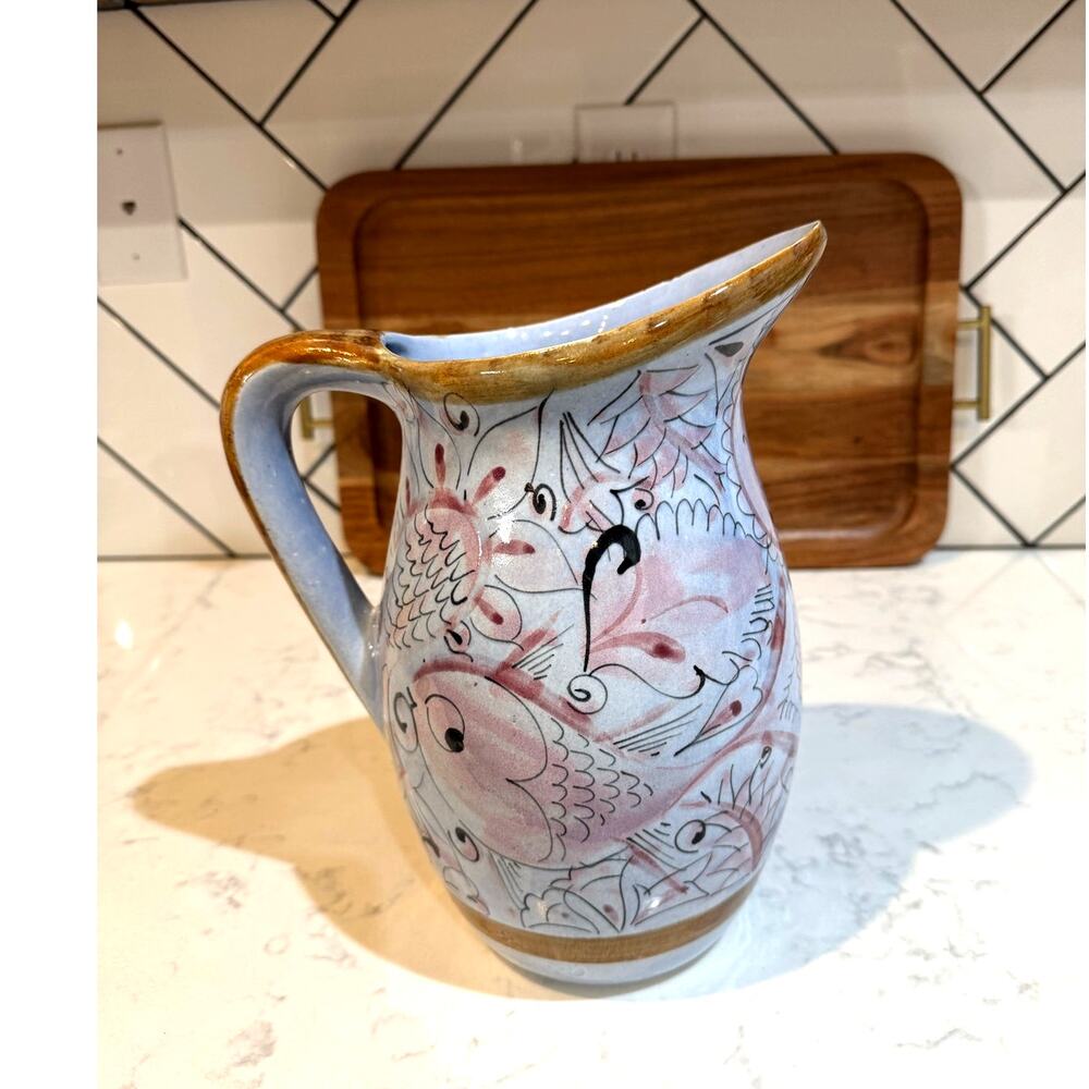 Artisanal Craft hand-painted ceramic pitcher coastal motif fish abstract waves